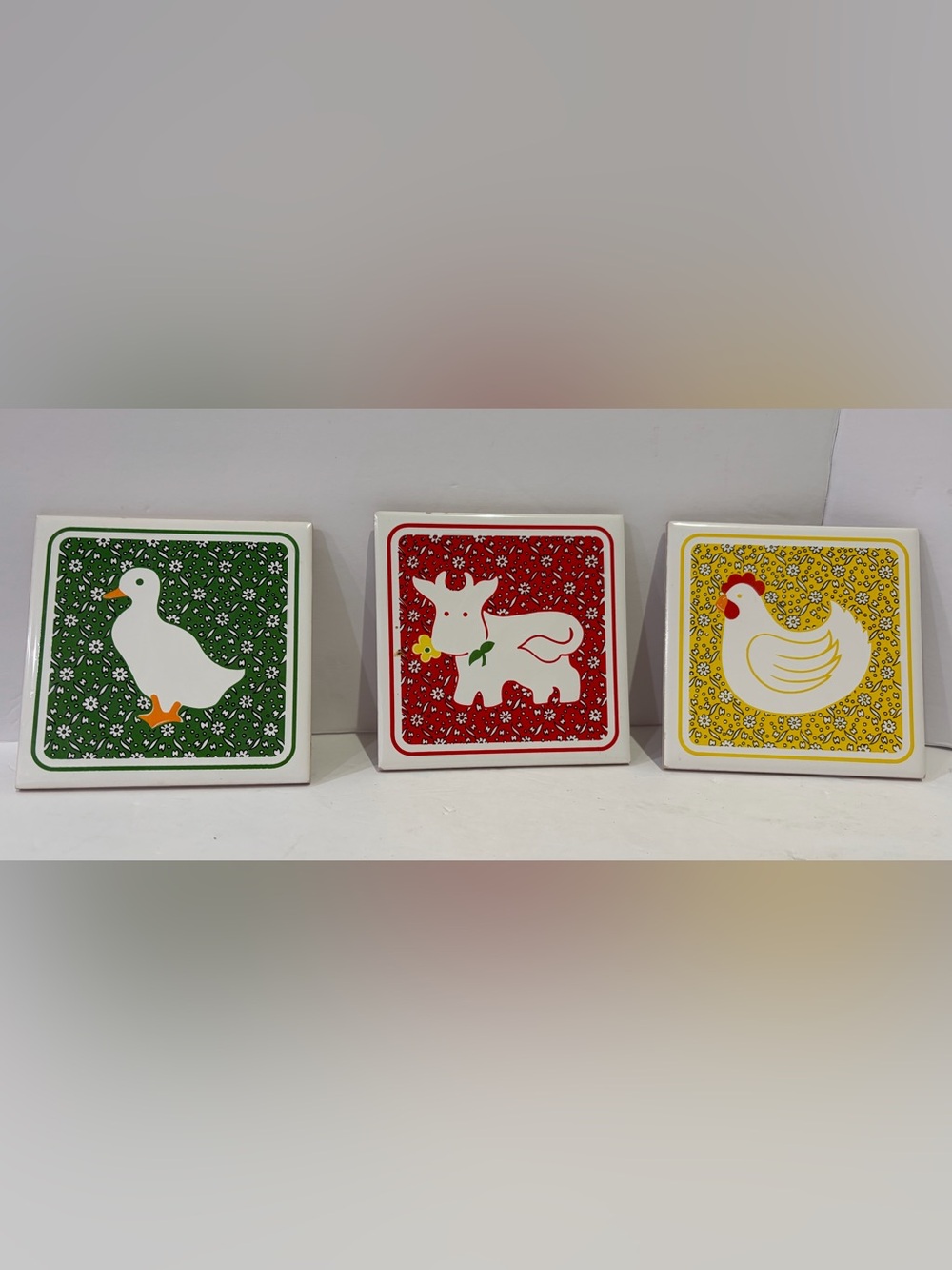 Vintage 80’s Country Calico Farm Animal Trivet Tiles
